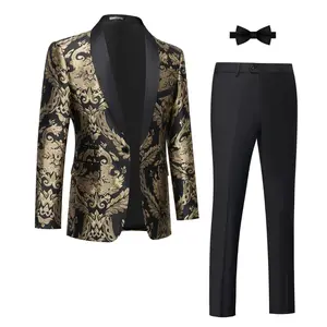 Tuxedo Suits for Men 2 Piece Regular Fit Suit Floral Blazer Jacket Waistcoat Pants Men Suit Set for Wedding Prom-Black& Gold wedding suit suit jacket prom suit party suits