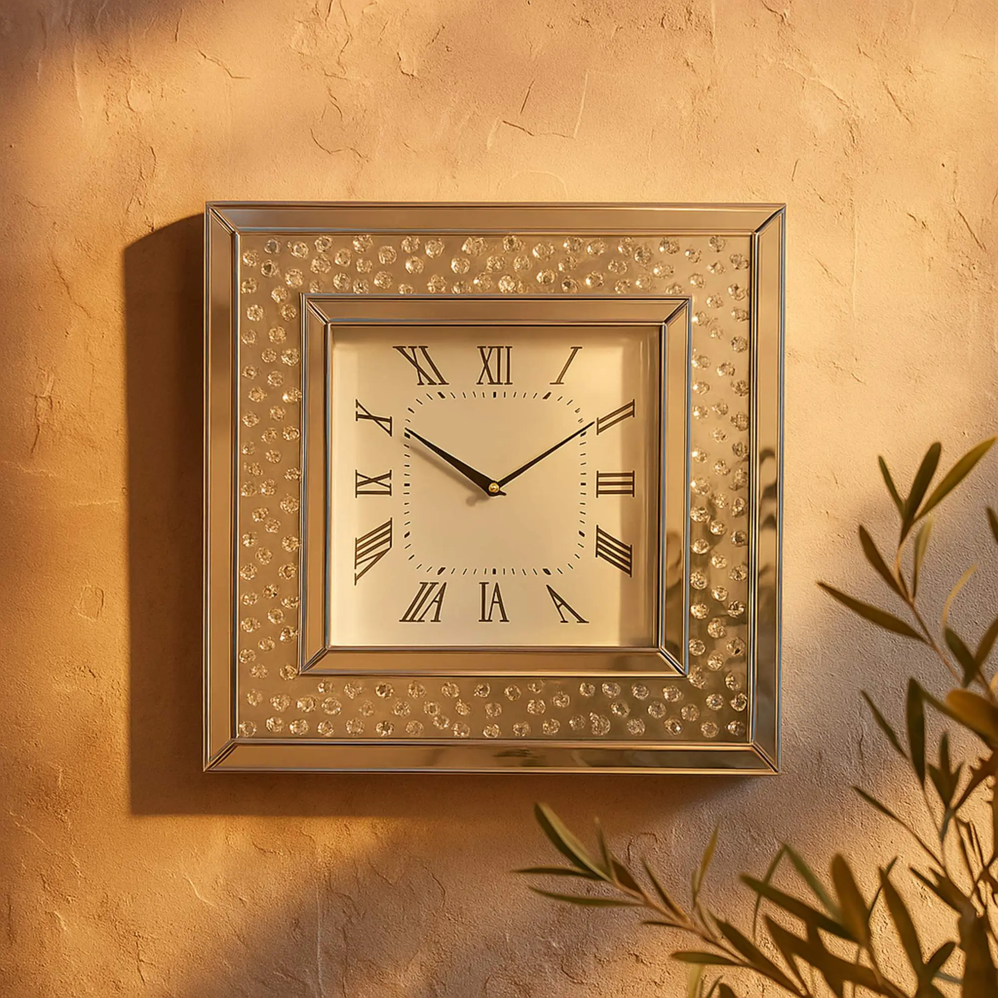 Oversized Silver Square Wall Clock - Retro Silent-Run Analog, Wooden MDF Build, Plastic Accents, Glass Face, Floating Crystals, Roman Numerals, D-Rings, 2Lx20Wx20H in, 15.44 lbs, Indoor Home Kitchen Decor