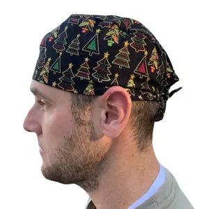 Black gold glitter Christmas trees Skull Surgical OR Hat Scrub Cap Mens 100% Cotton Tie Back Eco-Friendly Reusable Comfortable Durability
