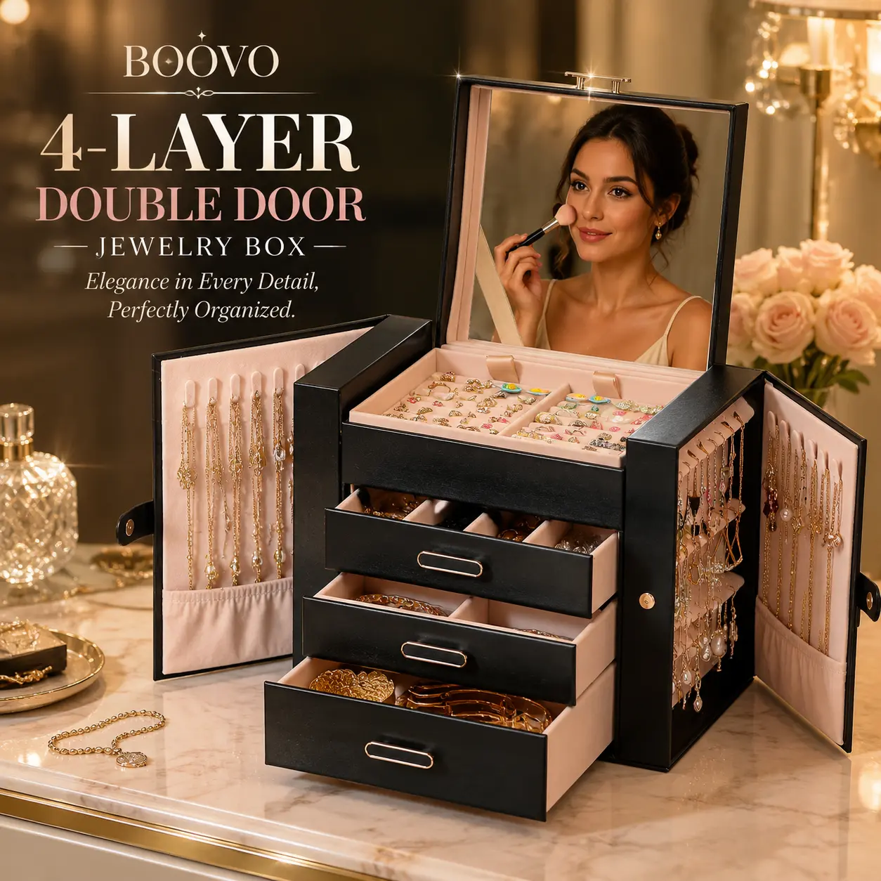 BOOVO 4-Tier Large Jewelry Box Organizer with Double Side Doors & Mirror, Anti-Tarnish Velvet Lining, Multi-Compartment Design, Minimalist PU Leather Jewelry Case, Light Luxury Gift for Her（Black）