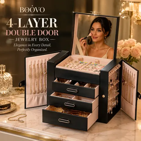 BOOVO 4-Tier Large Jewelry Box Organizer with Double Side Doors & Mirror, Anti-Tarnish Velvet Lining, Multi-Compartment Design, Minimalist PU Leather Jewelry Case, Light Luxury Gift for Her（Black）