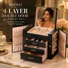 BOOVO 4-Tier Large Jewelry Box Organizer with Double Side Doors & Mirror, Anti-Tarnish Velvet Lining, Multi-Compartment Design, Minimalist PU Leather Jewelry Case, Light Luxury Gift for Her（Black）
