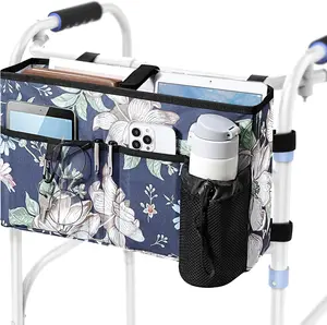 Moko Walker Bag, Secure Fit Walker Basket with Cup Holder, Large Capacity Foldable Walker Accessories for Seniors, Detachable Folding Walker Pouch Organizer for Older Elderly Gifts,Blue Cosmos