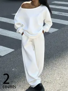 Women's 2-piece Oversized Casual Set, Long-sleeve Off-shoulder Top & Versatile Drawstring Wide-leg Pants, Solid-color for Everyday Wear Fit