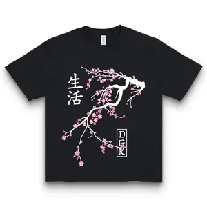 Japanese Sakura Branch Dark Graphic T-Shirt, Kanji Life Art Unisex Tee, Minimalist Anime Streetwear, Cherry Blossom Gift