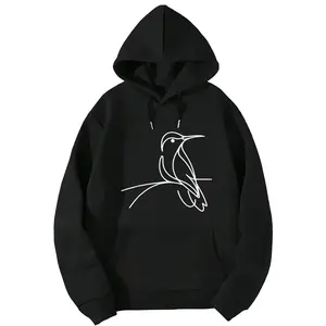 Stylish Unisex Long Sleeve Hoodie with Line Art Black-throated Hummingbird - Loose Fit, Comfortable