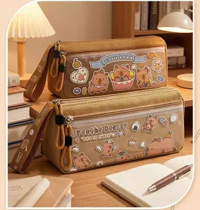 Triangular cartoon pencil case/pencil box — Capybara design for students, high-aesthetic look, large capacity, new model, Oxford fabric, travel water pig theme