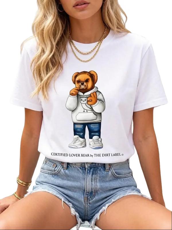 Women's Korean Lover Bear Cotton Graphic Tees - Basic Cropped, Soft Lightweight Casual Crew Neck Cap Sleeve Backless Fitted Top, Heat Transfer Printed, Cute Easter Apparel (Do Not Bleach)