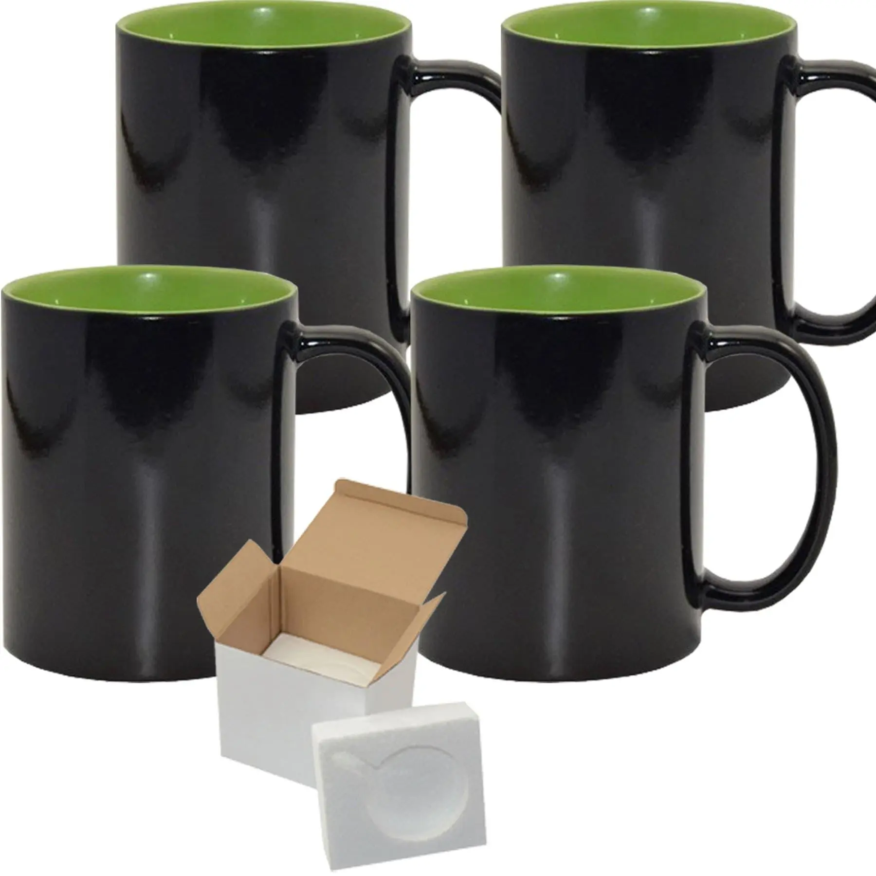 Sublimation Color Changing Mug Set - 4 Pack (15oz) | Green Interior | Heat Sensitive Mugs | Individually Packaged | Foam Support Boxes