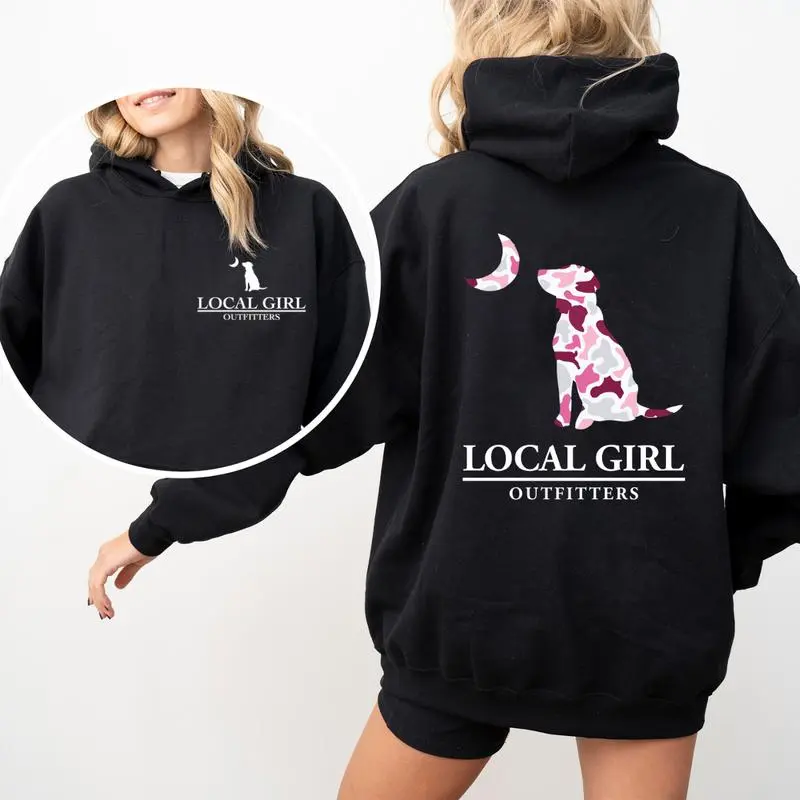 Local Girl Outfitters Hoodie - Bold Pink Camo Dog and Moon Design, Perfect for Outdoor and Nature-Loving Girls, Unisex Hoodie Offering Comfort and Style for Everyday Wear Cotton Fashion
