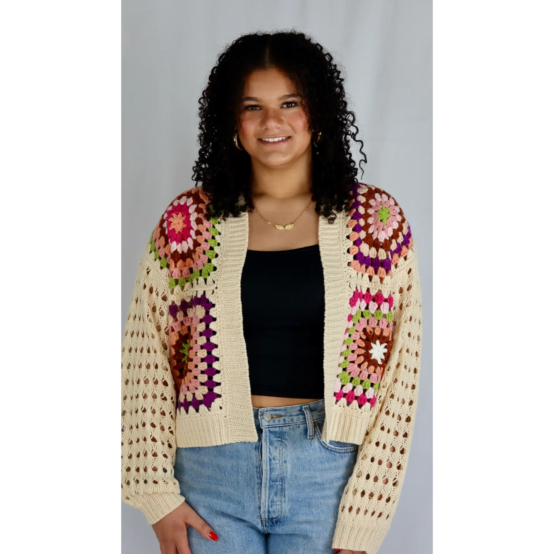 Burst of Color Patchwork Cardigan Knitwear Womenswear Statement Top Comfort Knitting Long Sleeve