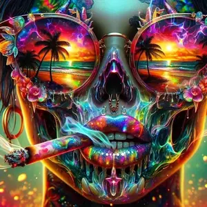 Neon skull with beach sunset sunglasses wall art,Multiple sizes available including square and round diamonds. This 5D DIY diamond painting set diamond art stylish embroidery kit handmade furniture decor holiday birthday art personalized gift.
