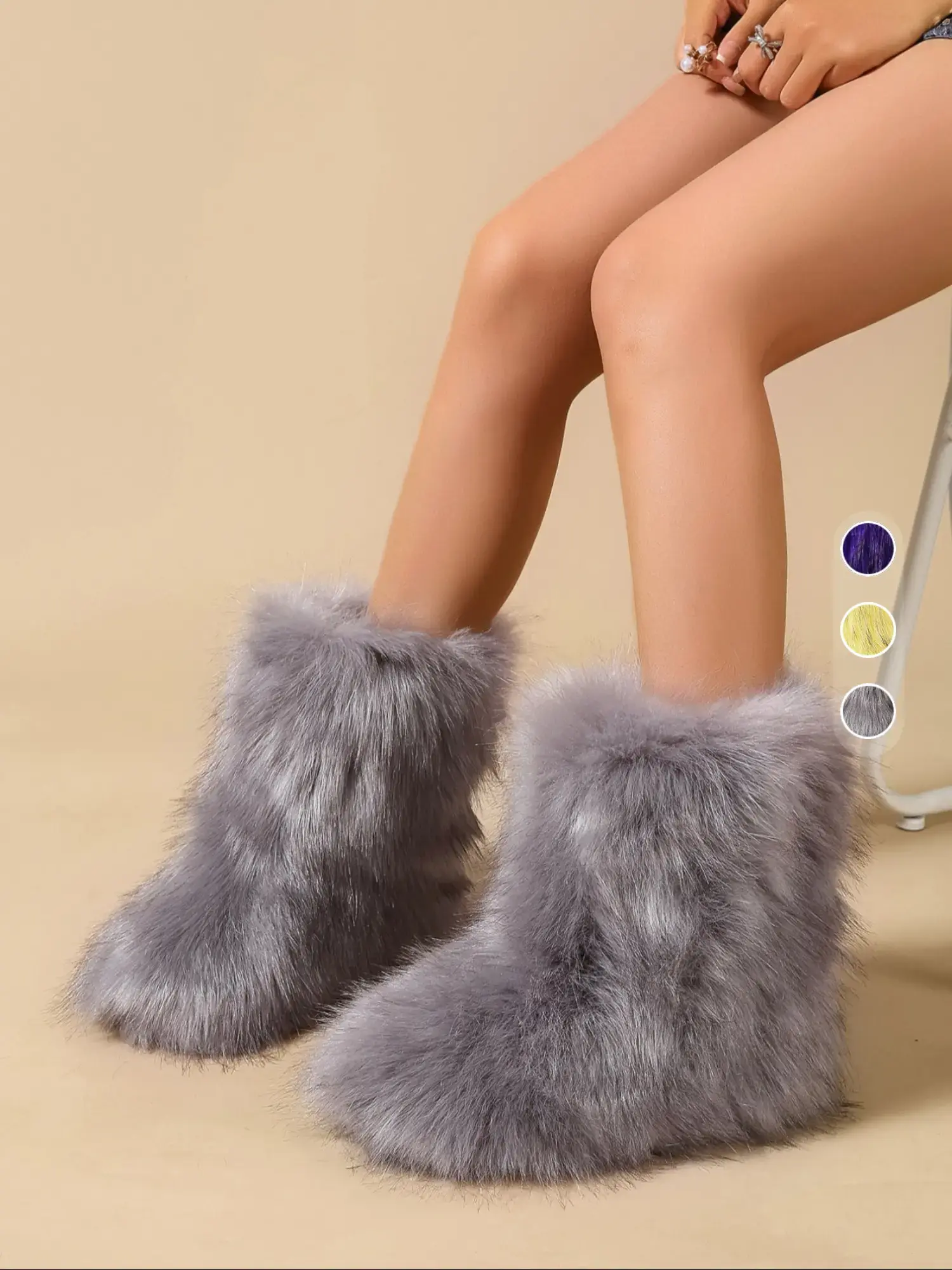 Women's Winter Warm Faux Fur Mid-Calf Boots, Anti-Slip Round Toe Snow Boots, Casual Fashion Rubber Sole Shoes for Fall & Winter, Fall Winter Footwear, Boots with fur