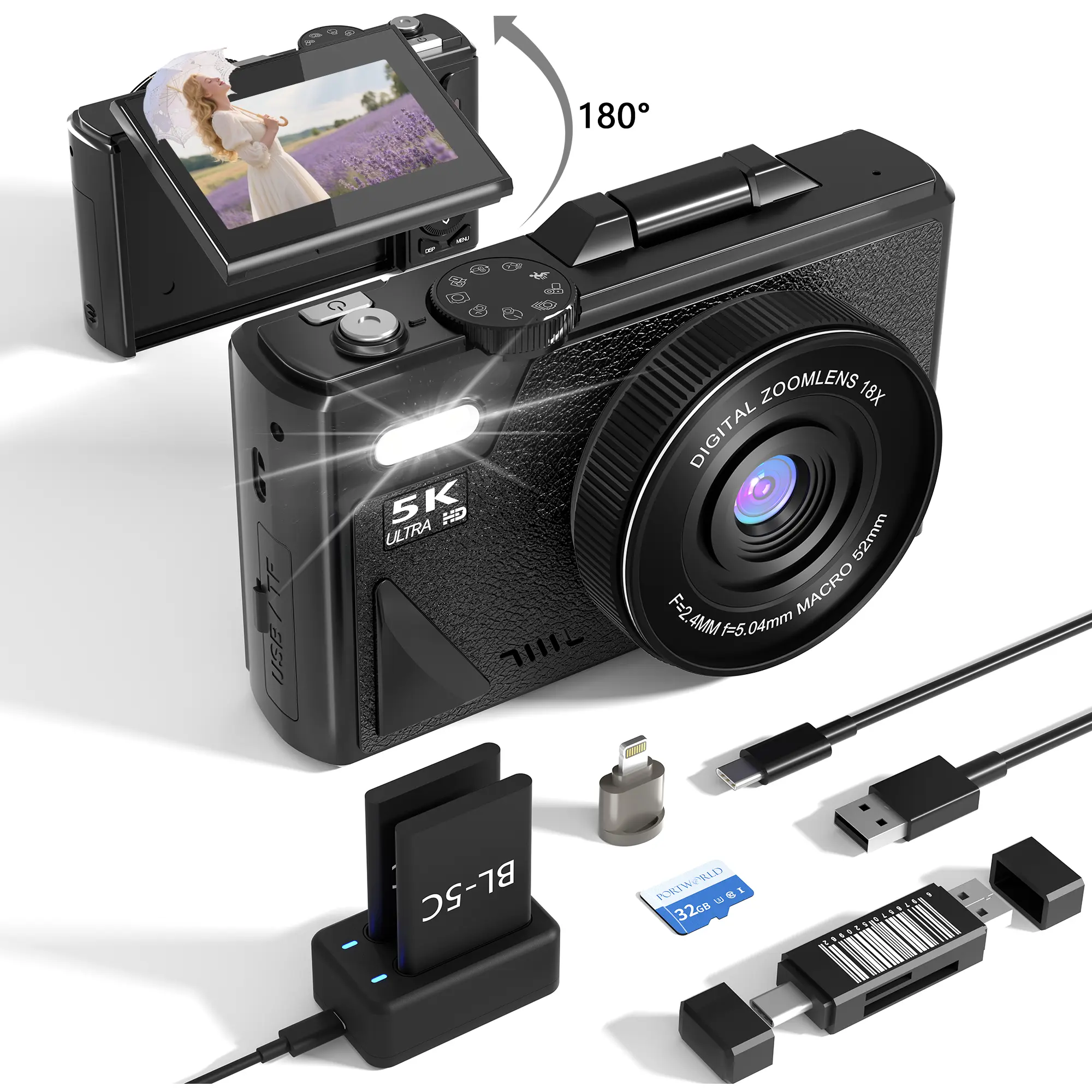 Digital camera with flip screen, vlogging camera,Portable Retro Camera,With for 2 batteries,Compact Travel Camera for Teens,Summer Gifts