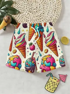 Boys' Colorful Rainbow Pattern 3D Ice Cream Shorts, Summer Fashion Outdoor Sports Beach Pants, Breathable Comfortable Kids' Pants