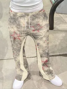 Men's Vintage American Print Drawstring Wide Leg Pants, Street Style Patchwork Long Trousers, Casual Fitted Flared Trousers for All Seasons