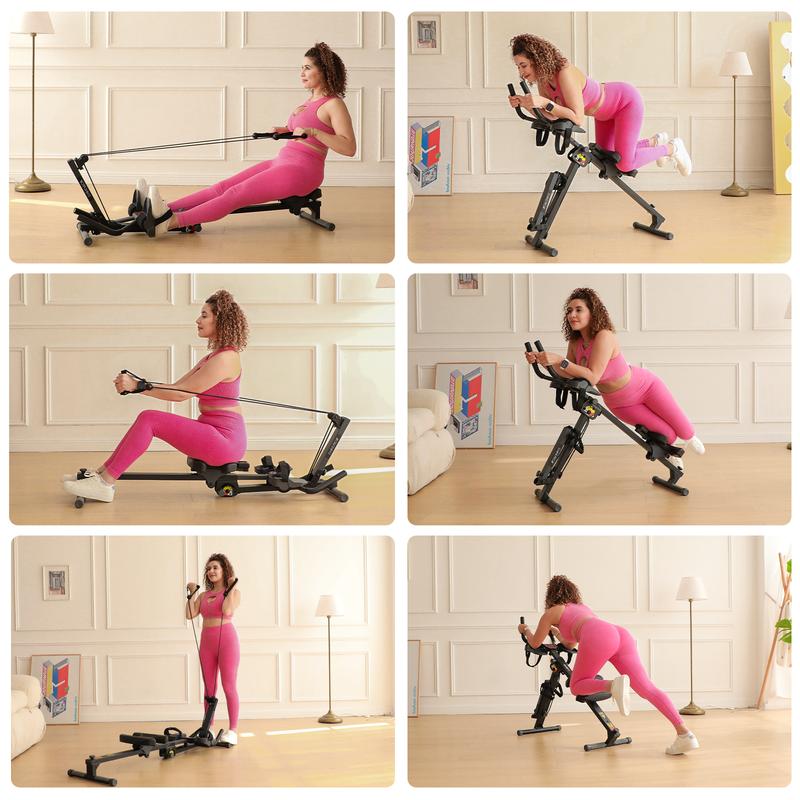 【February Deal】Tousains 3-in-1 Abmachine & Rowing Machine with Adjustable Height, Resistance Levels & LCD Display - Foldable, Stable Steel Frame, Core-Focused Moves & Functional Resistance Exercises