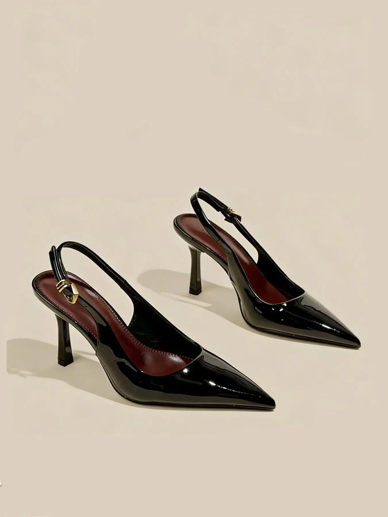 Women's Burgundy Patent Leather Pointed Toe Slingback Stiletto Heel Pumps, Vintage Chic Style, Comfy Commuter & Evening Shoes, Elegant Minimalist Sandals, Classy Elevated Sandals, Fashionable Heeled Sandals, Dressy Sandals