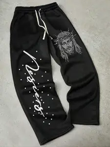 Men's Loose-Fit Straight Leg Sweatpants, Elastic Waistband, Side Pockets, Rhinestone Jesus Head Pattern, Street Dance Casual Wear, Casual Street Trousers