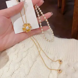 LisiZen European and American Cross-border Personality Exaggerated Zircon Metal Petal Pull-out Pearl Necklace, Exquisite Fashion Light Luxury Sweater Chain DZXL3991