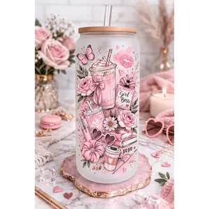 Cute pink bow and flower 16 oz frosted glass, bamboo lid, and straw