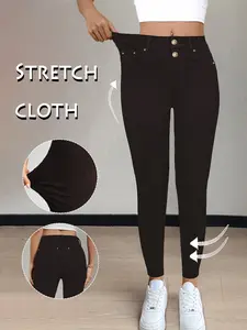 Women's Y2K 2026 Plain Pocket Button Leggings, Double-Breasted Design, Sporty Style, Natural Waist, All Seasons Wear