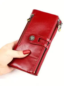 Women's Long Wallet Retro Genuine Leather Anti-Theft Design, Fashionable Korean Style Coin Purse Handbag, Ideal Gift for Her Wallet Chain