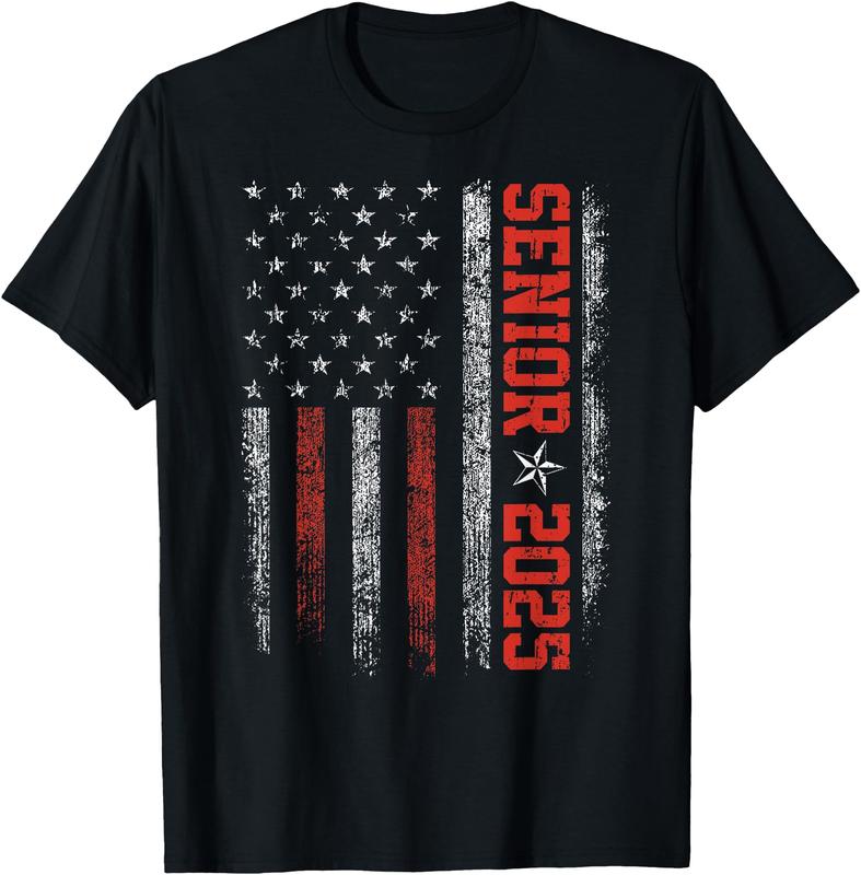 Senior Year 2025 American Flag USA Graduation Class Of 2025 Unisex T-Shirt Cotton Menswear Man Classic