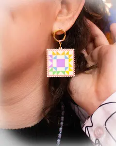 Crafty Quilt Squares Rainbow Dangle Earrings