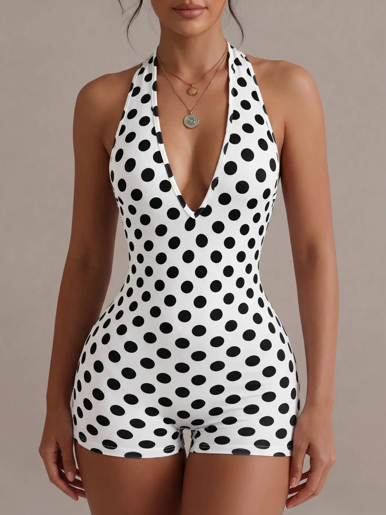Stretchy Bodycon Polka Dot Halter V-Neck Romper - Sleeveless Form-Fitting White Black One-Piece Shorts for Casual Summer Beach Party Wear, Outfit for Women, Womenswear, Slim Fit & High Waist, All Day Comfort, Versatile for Daily, Vacation & Night Out