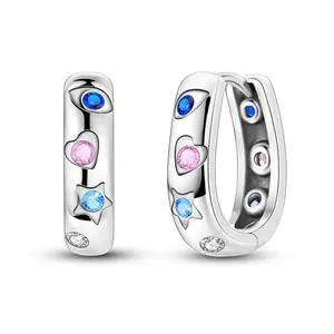MULA Silver-Plated Geometric Hoop Earrings - Artificial Zirconia, Star Heart Accents, Heart Shape, Multicolor, Casual, Lightweight Costume Jewelry, Birthday Gift for Teens, Artificial Zirconia Earrings, Heart Shape Earrings