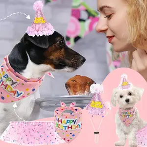 3pcs Pet Birthday Party Decoration Set, Including Adjustable Birthday Hat, Tutu Skirt, Bandana, Suitable for Dog and Cat Celebrations
