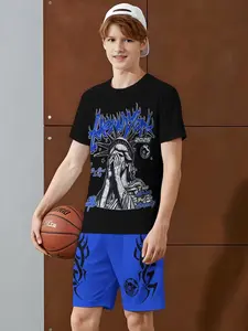 Boys' Fashionable 3D Goddess Print Casual Hoodie Set, Short Sleeve Shorts, Fitted Sports Shirt, Outdoor Wear, All Seasons