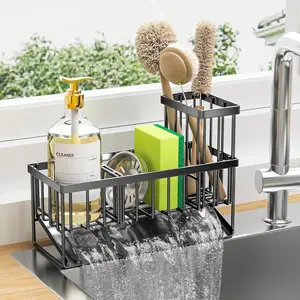 Kitchen Sink Caddy Organzier with High Brush Holder, Sponge Holder for Sink, 304 Rustproof Stainless, Kitchen Countertop Soap Dispenser Organizer, Kitchen Decor and Accessories