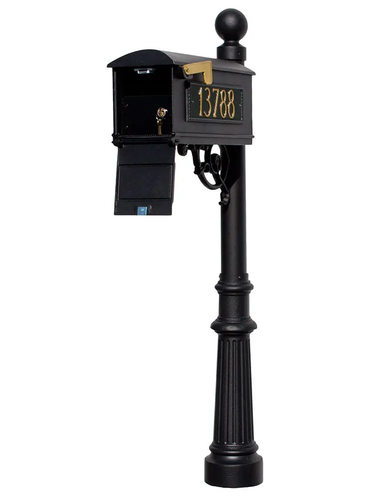 LMC-LKIT-804-BL Mailbox Locking Insert Post System with Fluted Base - Ball Finial & 3 Cast Plates - Black