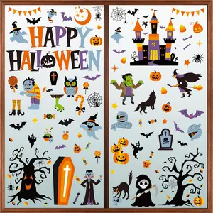 115PCS Halloween Window Clings, 9 Sheets Halloween Decorations, Cute Witch Tree Zombie Ghost Patterns PVC Window Stickers for Treat or Trick Party Favors Decal Supplies Decor Accessories Decorative Set
