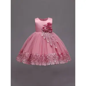 Girl's Faux Pearl & Bow Decor Appliques Fit and Flare Dress, Elegant Romantic Round Neck Sleeveless Party Dress for Party Holiday, Kids Summer Clothes