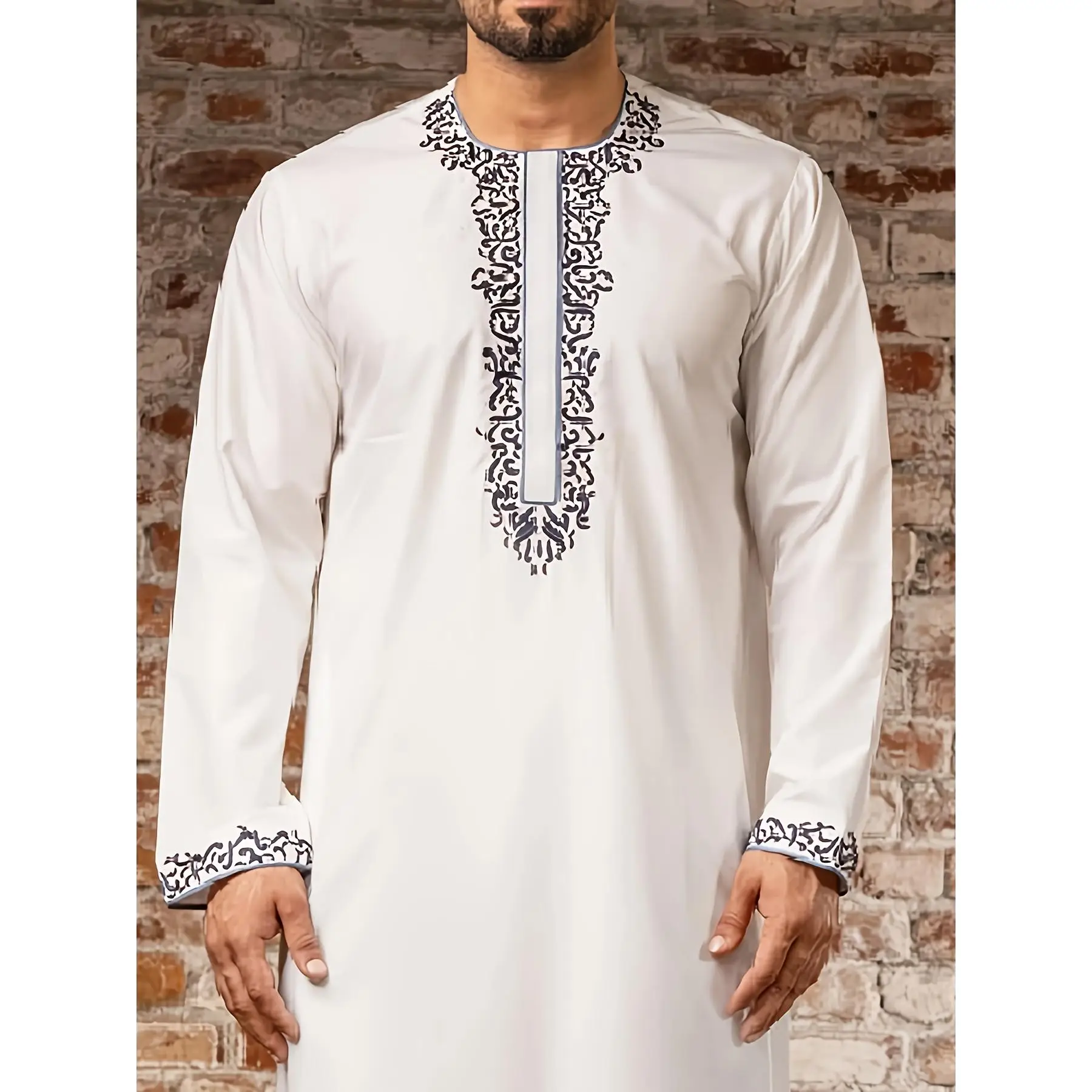 Men's Elegant Embroidered Long Robe - White Polyester with Black & Blue Geometric Pattern, Casual Style, Round Neck, All-Season Comfort, Hand or Dry C