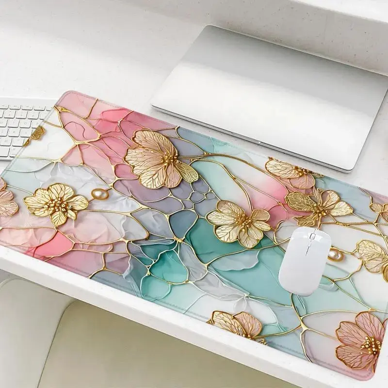 Floral Pattern Pastel Color Desk Mat, Large Stained Glass Mouse Pad, Pastel Color Computer Mat for Desk, Home Decor, Gaming Desk Accessory, Office Desk Accessories, Girly Office Supplies