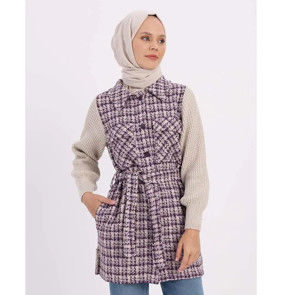 Muslim Women's Knitted Cotton Blend Cardigan with Belt - 93126 Purple