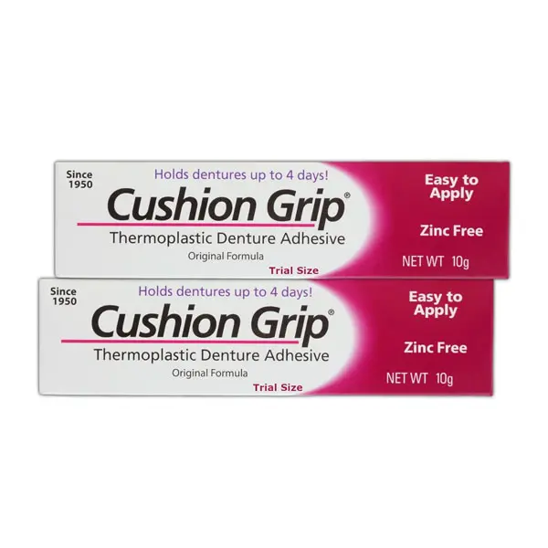 Cushion Grip Thermoplastic Denture Adhesive, 0.35 oz Travel Size (Pack of 2) – Refits and Tightens Loose Dentures for Up to 4 Days | Non-Glue, Zinc-Free, Waterproof Formula, Acts Like a Soft Reliner