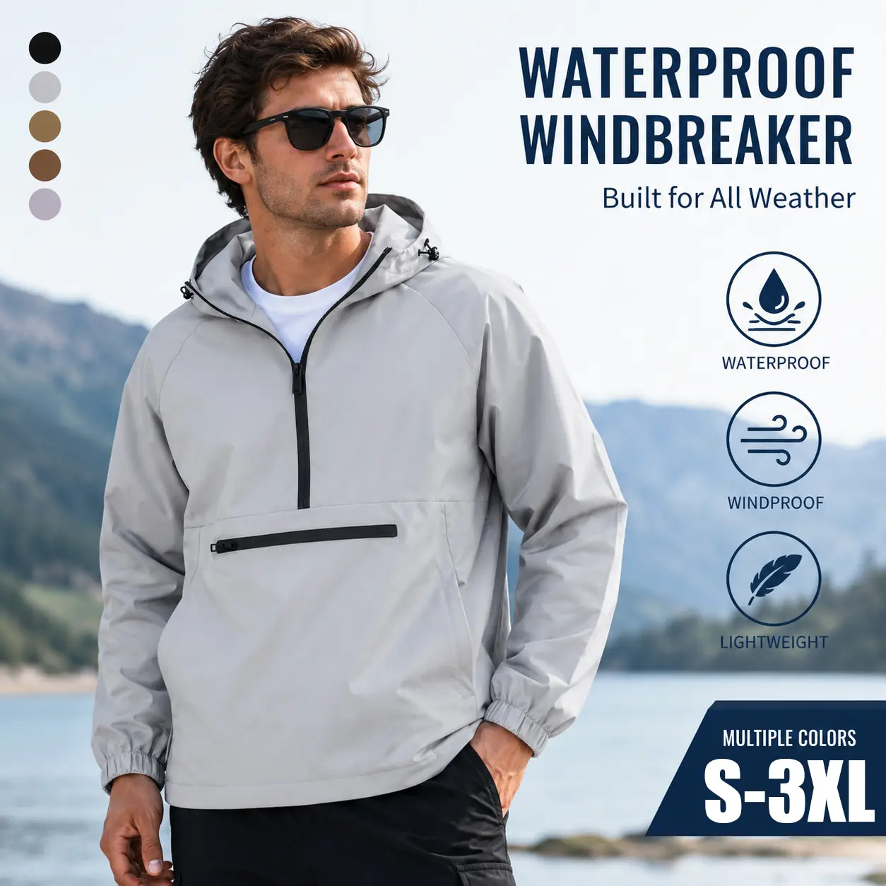 Men's Solid Polyester Anorak Rain Jacket - Half-Zip Hooded Windbreaker, Lightweight Packable Regular Fit, Water-Resistant Washable for Hiking Camping, Long Sleeve Casual Pullover Polyester Clothes