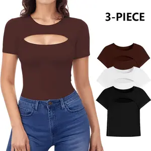 3 PCS Women's Cutout Top Waist - Length Cropped Style Long Sleeve Round Neck Slim Chest Sexy Cutout Design Fitted T Shirt Spring Clothing 03