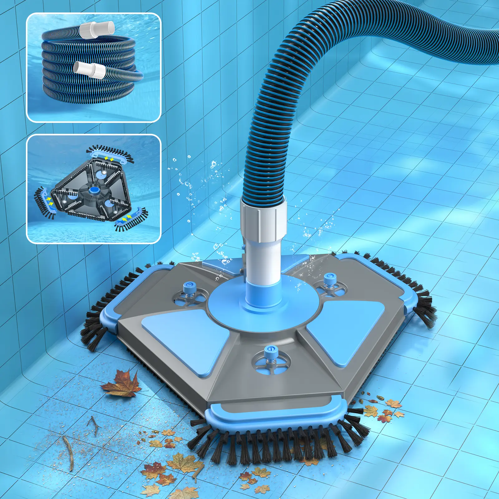 【No Pole】UIRWAY Upgrade Pool Vacuum Fishing net Head with Side Brush & 360° Swivel Cuff, Duty Manual Kink-Resistant Vacuum Hoses, Weighted Triangular Shape for Inground & Above Ground Pool