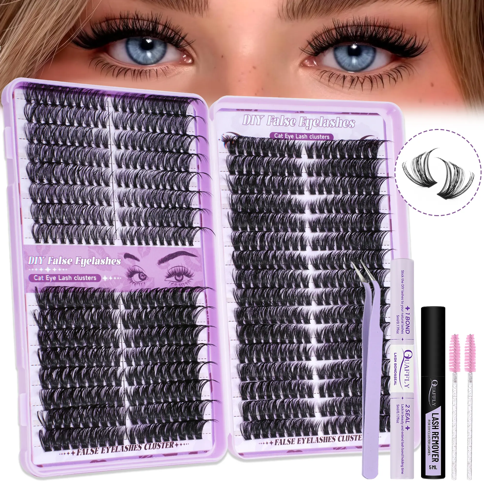 Lash Clusters Kit 592Pcs Fluffy Lash Clusters Kit 40D+60D+80D 8-18mm DIY Lash Cluster Individual Lashes D Curl Cosmetic Lash Extensions with Bond Seal Remover Tweezers Brush*2 Eyelash Extensions Kit by QUAFFLY