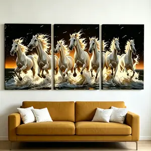 3-Piece White Running Horses Canvas Wall Art, Modern Sunset Ocean Galloping Horses Print, Wooden Framed Animal Wall Decor for Living Room Bedroom Office