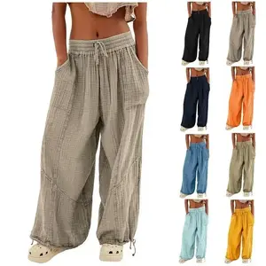 Beach Pants Linen Pants Women Wide Leg Harem Pants High Waist Button Drawstring Palazzo Pants Loose plus Size Pant with Pocket