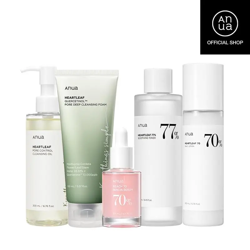 ‮ aunA  ‬   Korean Glass Skin Set (Oil Cleanser + Deep Cleansing foam + Heartleaf Toner + Pink Serum + Calming Moisturizer)|Niacinamide serum, dark spot care, hyperpigmentation, hydrating
