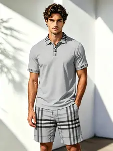 Men's Classic Plaid Set, Summer Breathable Turn-Down Collar Short Sleeve Polo Shirt + Straight Leg Shorts, Casual Slim-Fit Tee