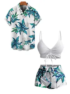 Hawaii Couple Outfit Women's Solid Color Cinched Swim Top Tropical Plant Leaf Pattern Bowknot Boyshorts Tankini Set and Men's Roll Up Sleeve Shirt Vacation Outfit